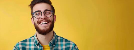 Young Columnist Exuding Joy and Success While Creating Content for a Colorful Background photo