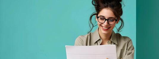 Young Columnist Exuding Joy While Crafting Inspiring Stories on a Vibrant Backdrop photo
