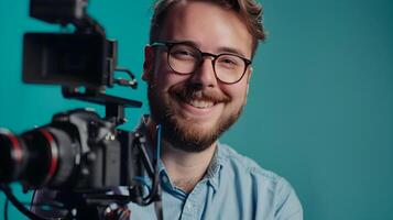 Young Film Critic Immersed in Reviewing Latest Colorful Movie Releases photo