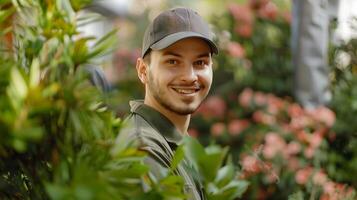 Young Landscaping Assistants Joyful Smile While Working on a Vibrant Green Garden photo