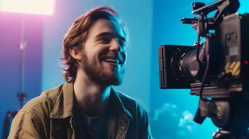Young Film Critics Vibrant Passion A Happy Reviewer at Work on Colorful Background photo