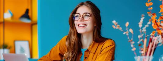 Young Columnist Exudes Joy while Composing Articles on Colorful Backdrop photo