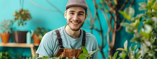 Young Landscaping Assistants Joyful Portrait A Rising Star in Green Space Creation photo