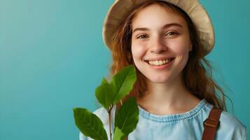 Young Conservation Volunteer Radiating Joy in Field Work photo