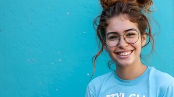 Young School Volunteer Radiating Joy in Colorful Classroom photo