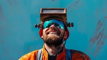 Young Welders Joyful Expression Captures Promise of a Fulfilling Industrial Career photo