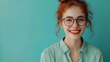 Young Translator Exuding Happiness While Effortlessly Working on a Colorful Background photo