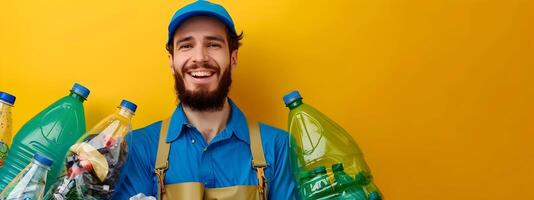 Youthful Enthusiasm A Happy Young Professional Excels in Recyclable Collection for a Sustainable Future photo