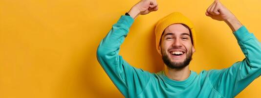 Youthful Enthusiasm A Cheerful Young Sports Volunteer Dedicatedly Working on a Vibrant Color Background photo