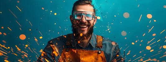 Young Welders Joyful Portrait A Successful Career in Metal Fabrication photo