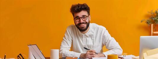 Young Technical Writers Joyful Career Moment Mastering Content on Laptop with Colorful Background photo