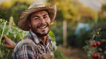 Youthful Joy in Agriculture A Cheerful Young Farmer Amidst Vibrant Colors and Thriving Fields photo