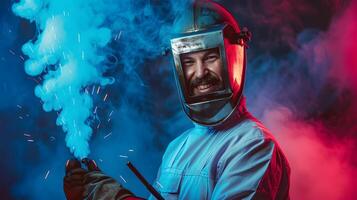 Young Welders Joyous Expression Captures the Spark of a Promising Industrial Career photo