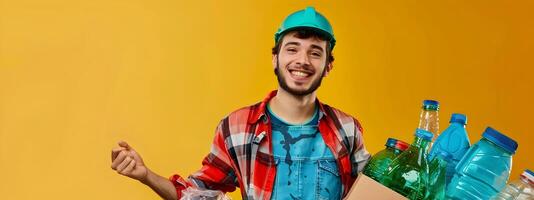 Youthful Enthusiasm Shines Happy Young Professional Excels as Recyclables Collector photo