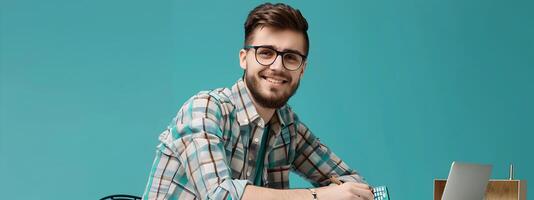 Young Technical Writer Exuding Happiness While Expertly Crafting Content on a Colorful Background photo