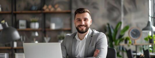Confident and Accomplished Vice President of Marketing Working Productively in Modern Office Environment photo