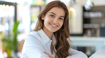 Cheerful Young Professional Receptionist Providing Excellent Customer Service in Office Setting photo