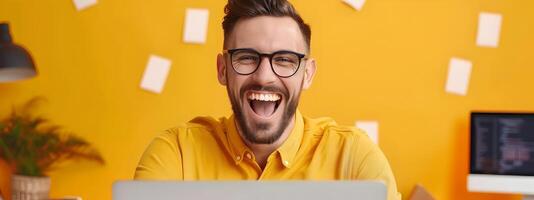 Cheerful and Motivated Young Business Professional Embracing Success in Digital Marketing Role photo