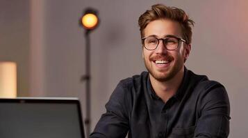 Cheerful Young Business Professional Enthusiastically Working on Laptop in Office photo