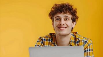 Cheerful Young Professional Engages with Technology for Successful Brand Management photo