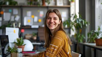 Cheerful Young Brand Strategist Smiling Confidently in Her Bright Modern Office photo