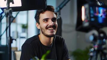 Cheerful Young Professional Enjoying Work in Modern Workspace photo