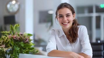 Cheerful Female Professional Embracing Career Opportunities in Bright Office Environment photo