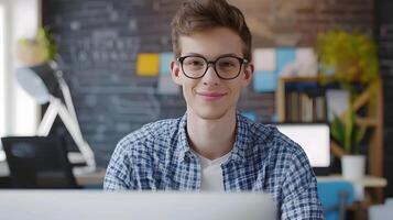 Cheerful Digital Marketing Specialist Focused on Computer Work in Cozy Office Setting photo