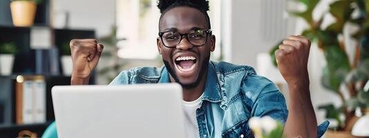 Cheerful Young Executive Celebrating Success at Laptop in Office photo