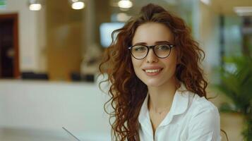 Cheerful and Helpful Receptionist Providing Excellent Customer Service in Modern Office photo