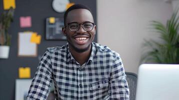 Cheerful Young Professional Businessman Smiling Confidently in Modern Office Environment photo