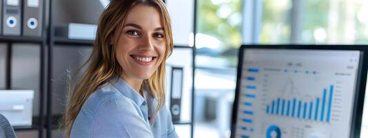 Cheerful Young Professional Analyzing Business Data on Computer Screen photo