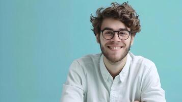 Confident Young Brand Manager Smiling Happily in Corporate Office Setting photo