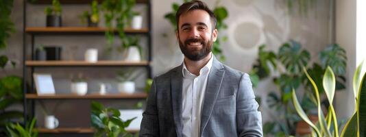 Confident Young Branch Manager Smiling in Modern Office Environment photo