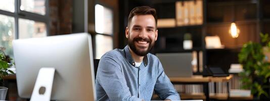Confident Young eCommerce Marketing Specialist Smiling at in Bright Modern Office photo