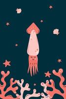 Vertical poster with squid on dark background. Character in children's style. illustration. vector