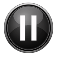 A black circular button featuring two white vertical lines at the center, symbolizing pause. Reflective details create a 3D effect png