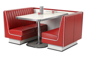 Vintage booth with bold red seating and a pristine white table, complete with a condiment set and retro-inspired accents png
