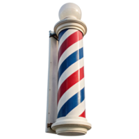 Slightly weathered barber pole with bold red, white, and blue spirals and a spherical light at the top, attached to an old bracket png