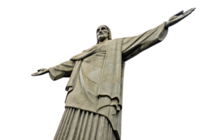 A striking view of the iconic Christ the Redeemer statue from below, highlighting its detailed folds and open-armed pose against the sky png