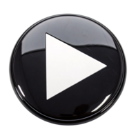 A glossy black circular button featuring a prominent white triangular play symbol, reflecting ambient light for a polished, 3D effect png