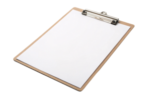 A simple wooden clipboard holding a blank white sheet, emphasizing its clean design and metal clip functionality png