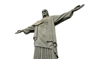 A dynamic angled perspective of Christ the Redeemer, showcasing the statue imposing arms and serene expression png