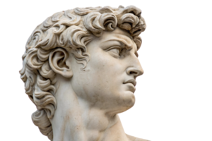 A marble bust with intense expression and chiseled features, its swirling curls exuding lifelike texture, symbolizing youth and defiance in classical art png