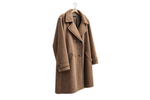 A warm brown double-breasted overcoat with a wide collar and buttons, presented on a hanger with a soft, plush appearance png