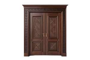 A traditional brown double door with diamond-shaped wood patterns, surrounded by deeply textured side panels png