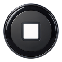 A black circular button with a white square at its center, surrounded by reflective surfaces that give a sleek, modern appearance png