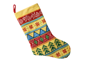 A Christmas stocking in yellow, adorned with red, blue, and green geometric and festive patterns, featuring a red hanging loop png
