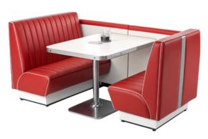 A stylish corner diner booth with stitched red seats and a minimalist white table, embodying vintage elegance with modern design touches png