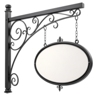 A vintage-style black wrought iron frame with intricate scrollwork holds an oval blank sign, evoking a classic, elegant storefront design png